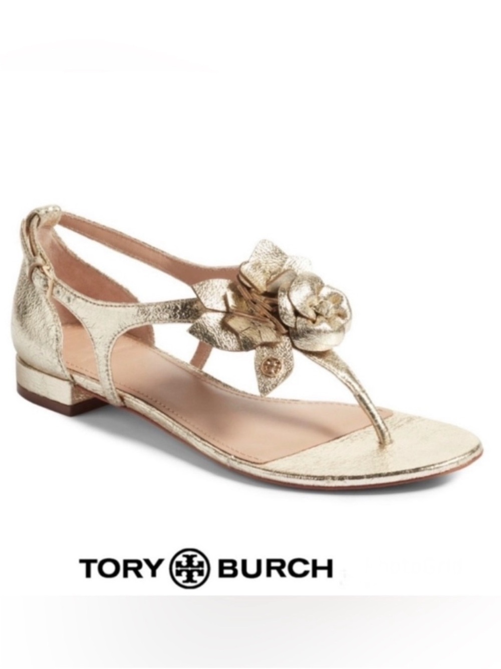 TORY BURCH Blossom Floral Gold Leather  Thong Flat Buckle Strap Sandals Sz 9 1/2